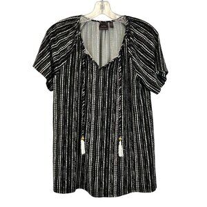 Rafaella Short Sleeve Tie Tasseled Neck Black/White Striped Top Size Small Petit